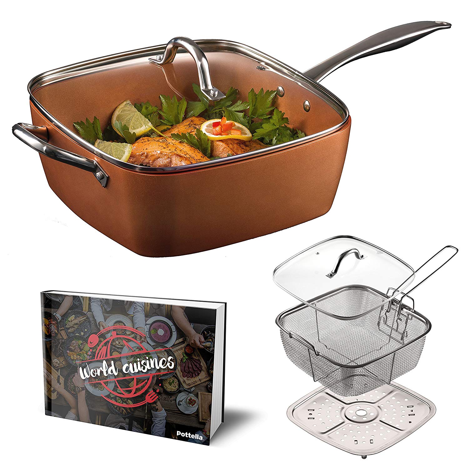 Pottella Deep Square 9.5” Nonstick Copper Pan Chef 5 Piece Set Frying Basket, Steamer Tray with Bonus World Cuisine Cookbook