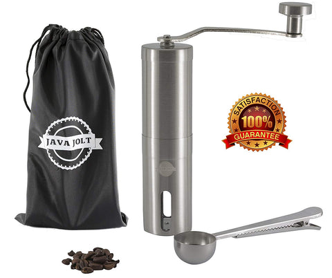 Manual Coffee Grinder By Java Jolt, Stainless Steel Mill: Adjustable Ceramic Conical Burr Premium Grinding Mill Includes Bonus Travel Pouch and Spoon Clip