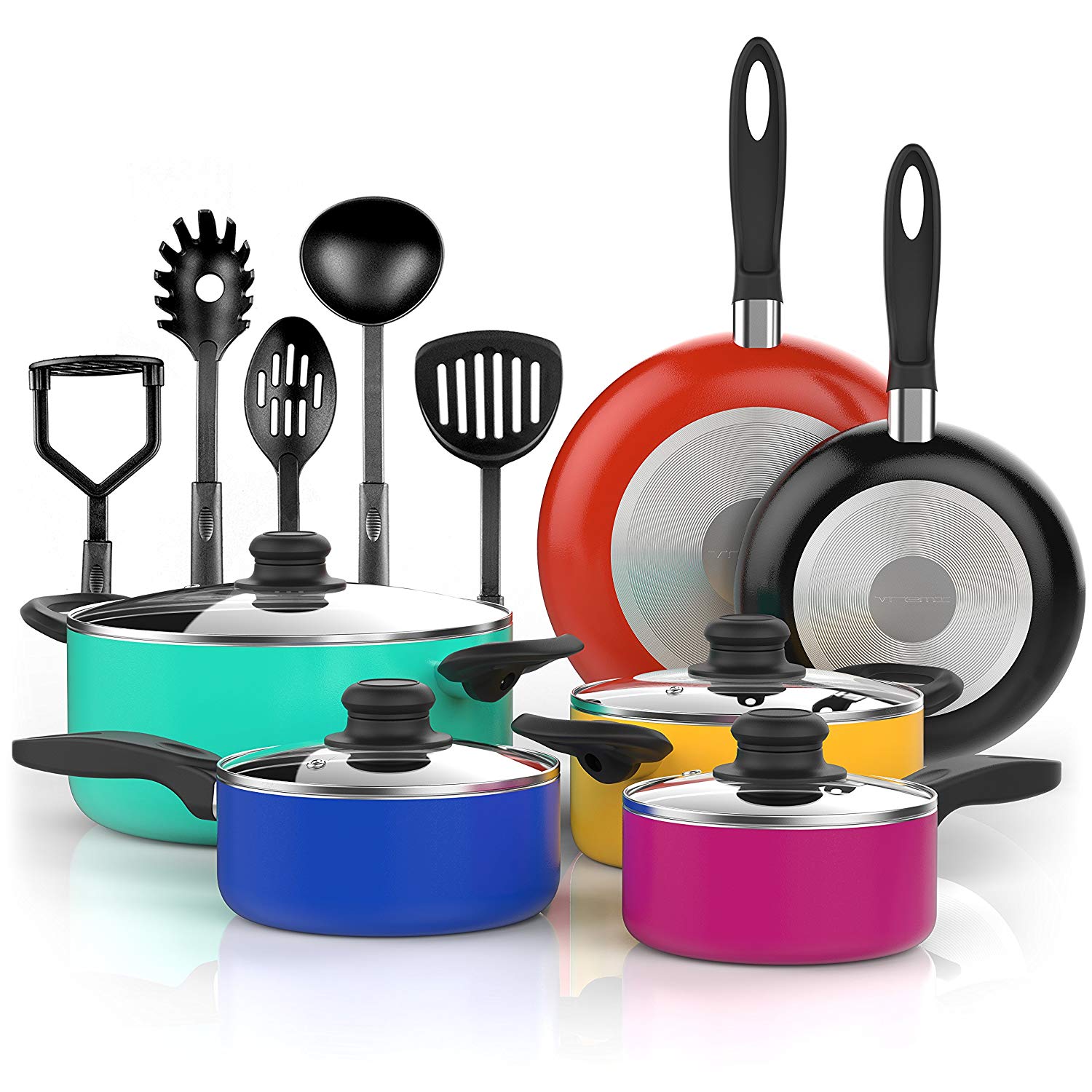Vremi 15 Piece Nonstick Cookware Set - Colored Kitchen Pots and Pans Set Nonstick with Cooking Utensils - Purple Teal Red Blue Yellow Pots and Non Stick Pans Set