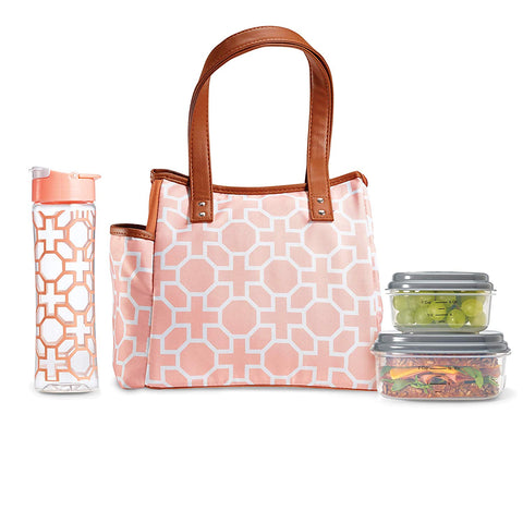 Fit & Fresh Insulated Lunch Bag Kit, includes Matching Bottle and Containers, Westerly Classic Trellis Blush