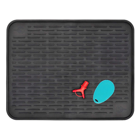 Silicone Dish Drying Mat for Kitchen Countertop XXL 23” x 18” Heat Resistant Trivet Antibacterial Dishwasher Safe With Two Bonus Items: Silicone Soft Scrubber and Silicone Bottle Pourer