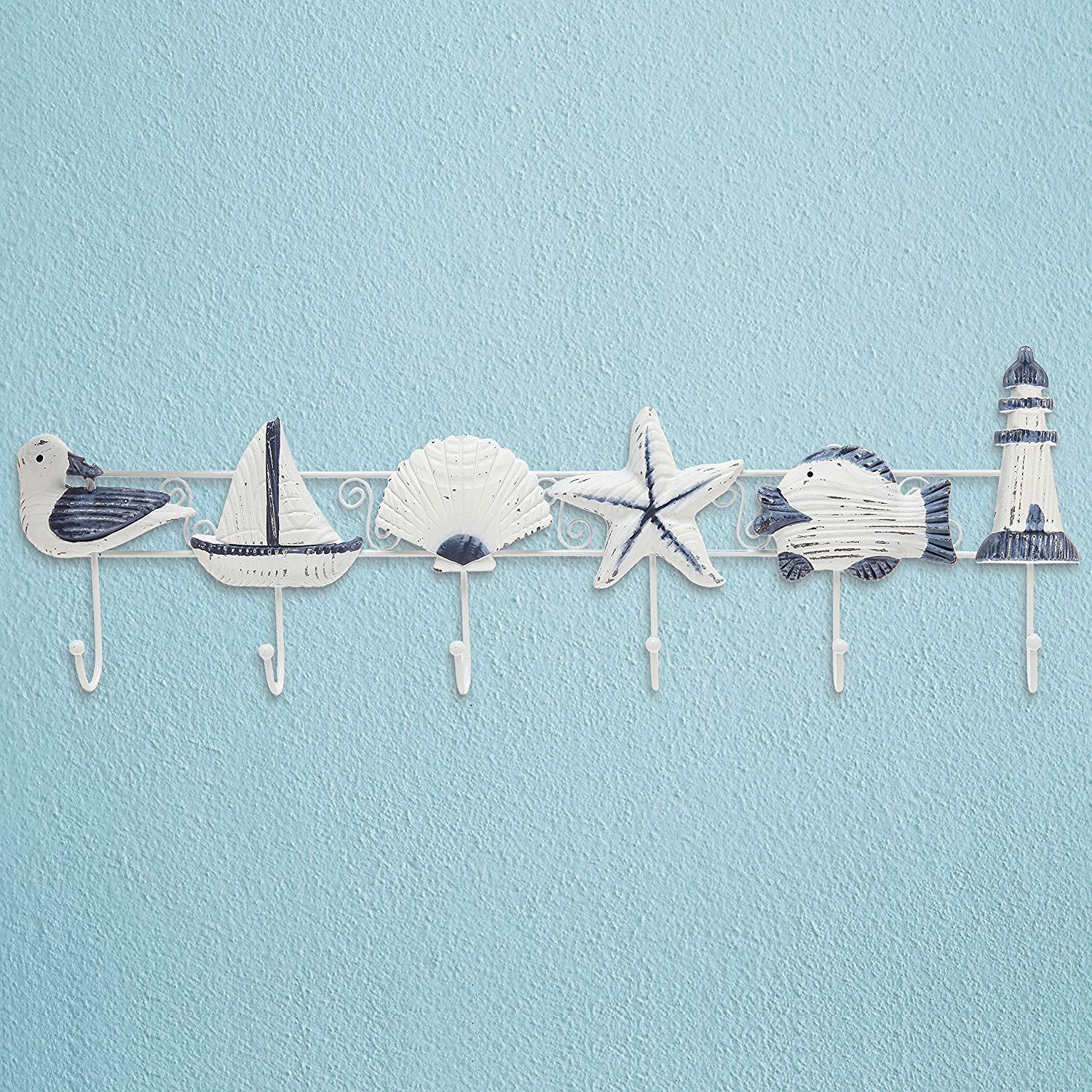 Decorative Nautical Seaside Design Wood & Metal Mounted Garment Hanger 6 Coat Hooks Wall Rack