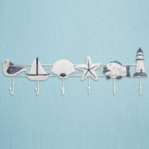 Decorative Nautical Seaside Design Wood & Metal Mounted Garment Hanger 6 Coat Hooks Wall Rack