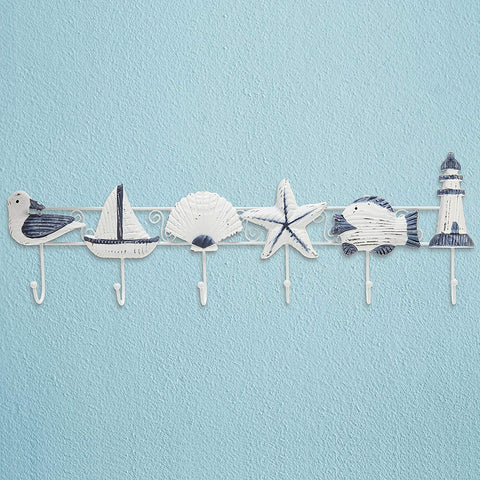 Decorative Nautical Seaside Design Wood & Metal Mounted Garment Hanger 6 Coat Hooks Wall Rack