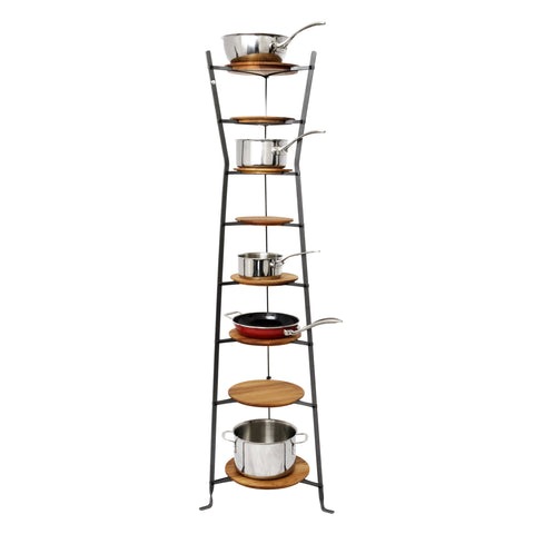 8-Tier Gourmet Hourglass Cookware Stand w/ Alder Shelves Hammered Steel - Enclume Design Products