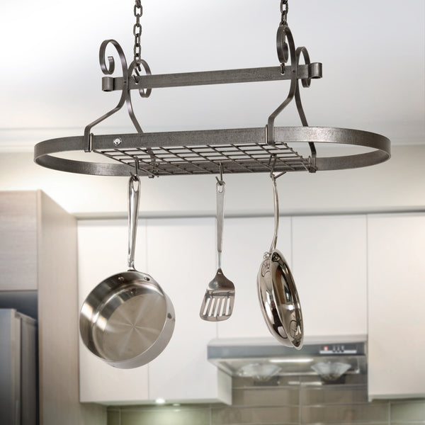 Scrolled Oval Pot Rack Hammered Steel