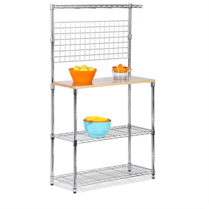 Metal Backers Rack with Storage Shelves and Solid Wood Cutting Board