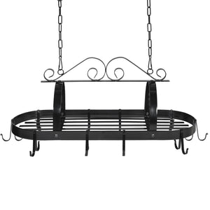 Victorian-Style Hanging Pot Rack Organizer w/ 10 Hooks, Shelf - Black