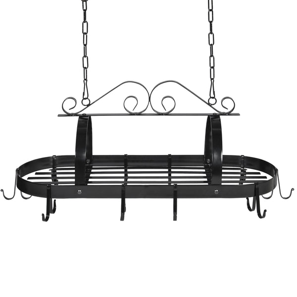 Victorian-Style Hanging Pot Rack Organizer w/ 10 Hooks, Shelf - Black