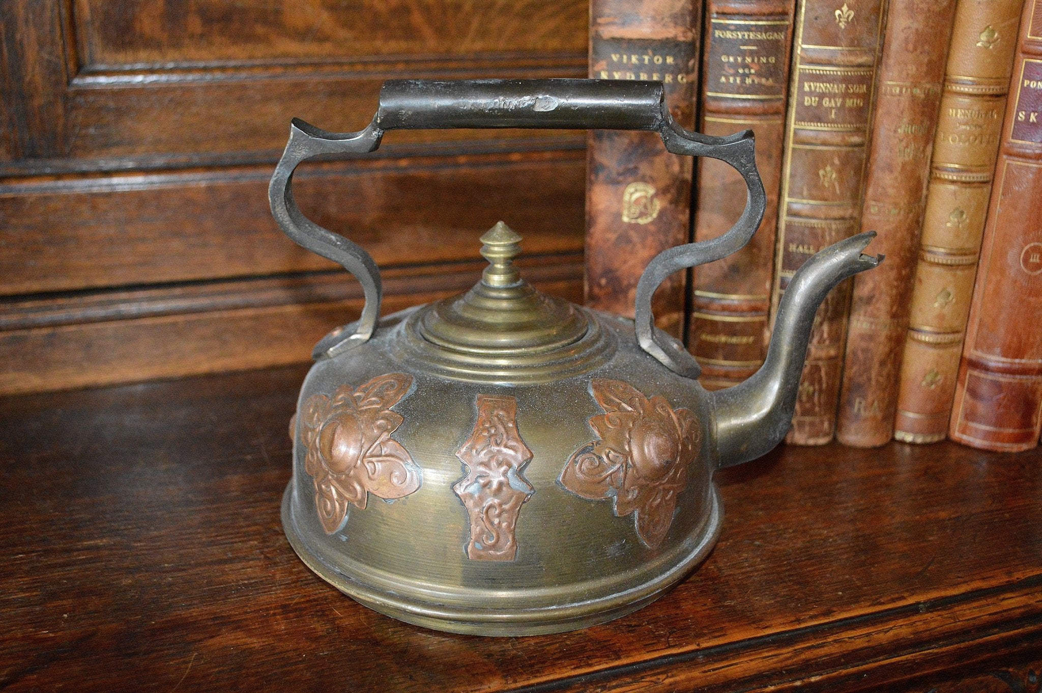 Antique Brass Teapot Tea Kettle with Copper Medallions