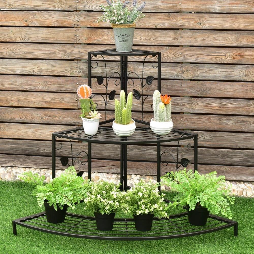 3 Tier Floral Corner Plant Stand Metal Flower Pot Rack Stair Display Ladder Outdoor Furniture